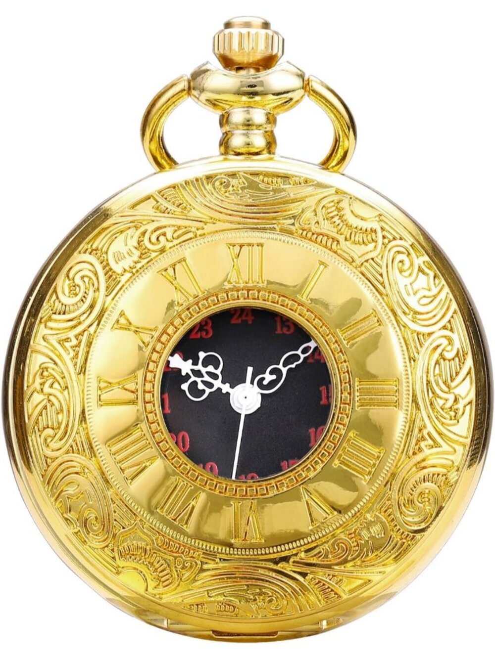Men's Gold Quartz Engraved Wave Pattern Arabic Numerals Round Chain Pocket Watch